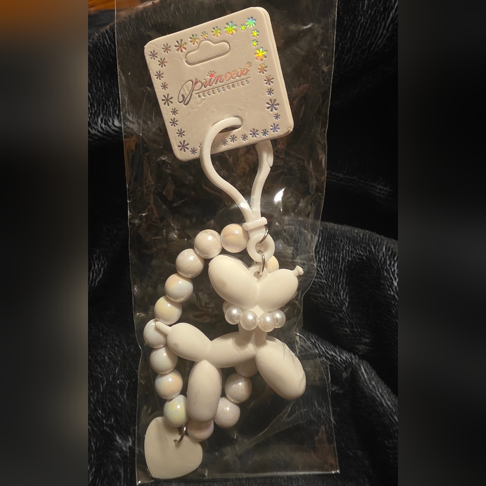 White Balloon Dog Keychain with Beaded Bracelet
